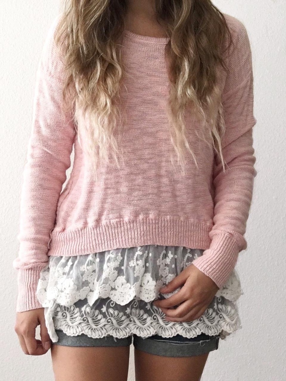 Mossimo Supply Co. Pink Scoop-Neck Sweater with Lace Hem
